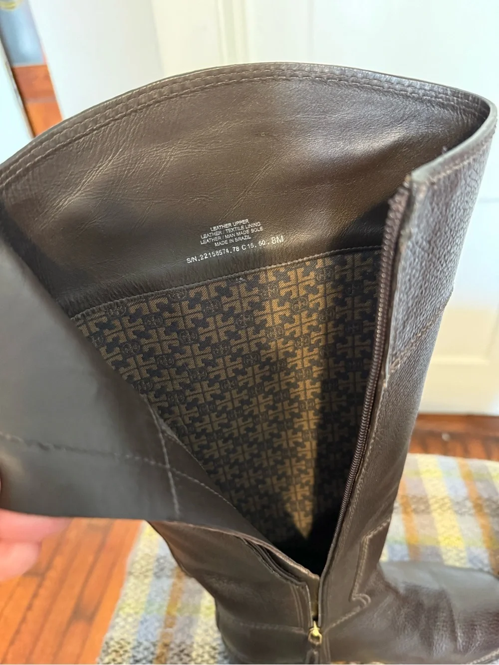 Tory Burch Joanna Dark Brown Pebbled Leather Knee Riding Boots Gold Logo EUC sz8